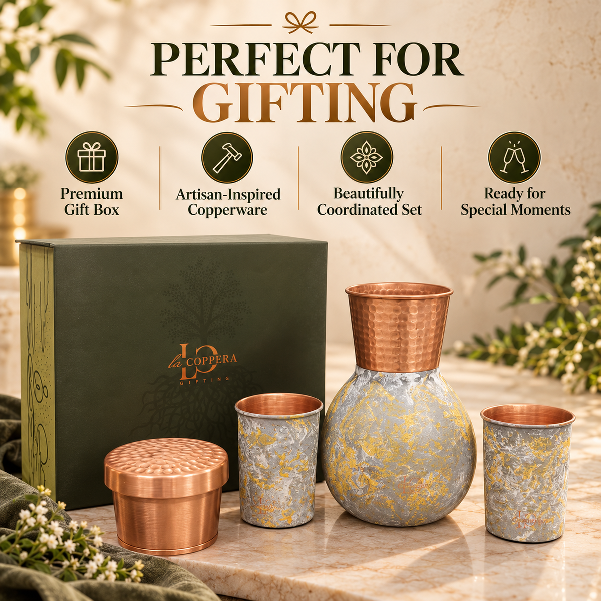 Everyday Carafe Marble Set with 2 Glasses & Premium Gift Box | LA COPPERA