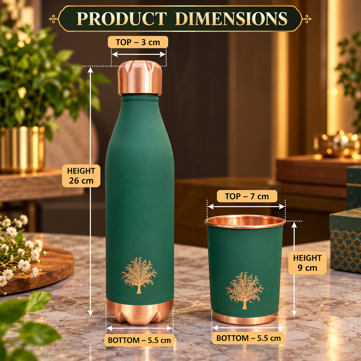 Cosmo Fur Green Copper Water Bottle with Glass | LA COPPERA