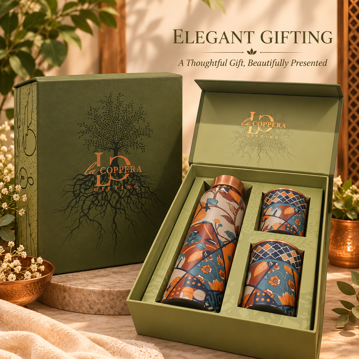Unique Kaleidoscope Copper Water Bottle with 2 Matching Copper Glasses | Premium Gift Set | LA COPPERA