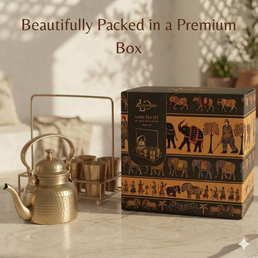 Brass Tapri Tea Set (Set of 5 with Stand) | Cutting Chai Kettle & Glass Set