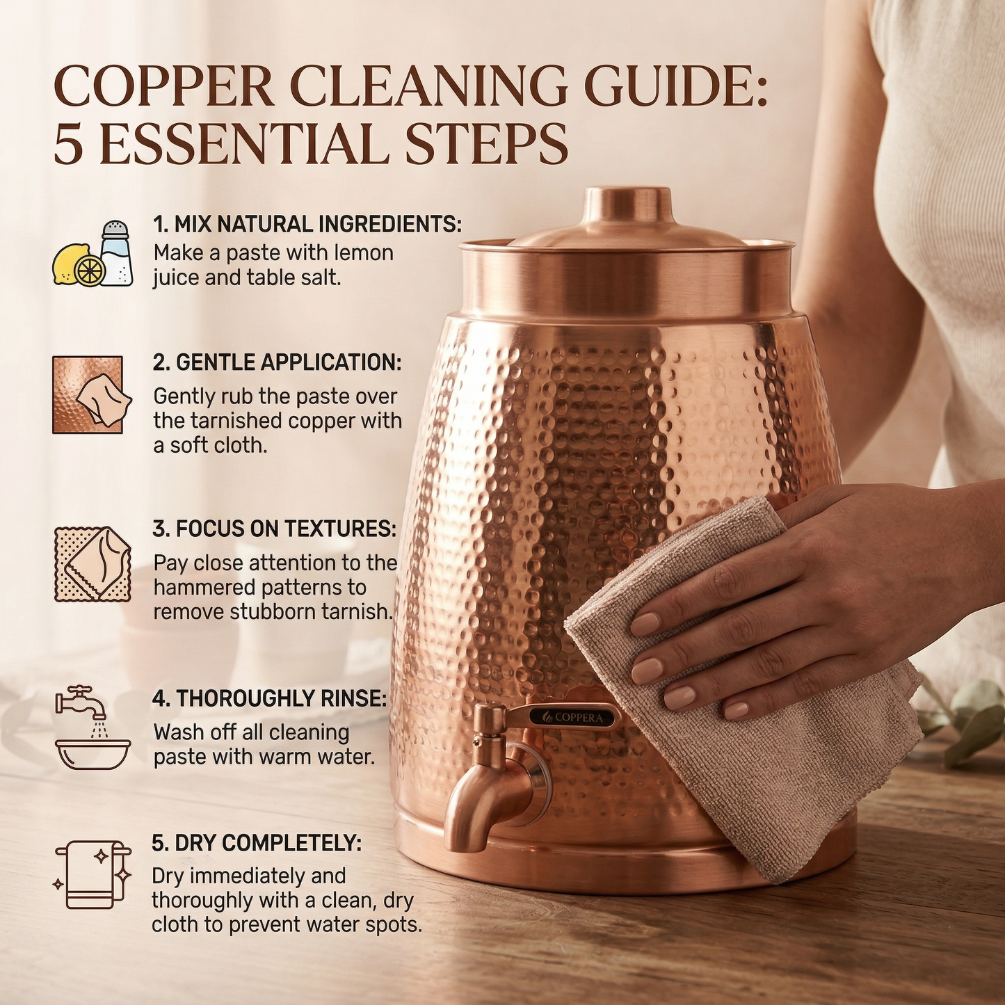 Barni Hammer Copper Water Dispenser with Tap