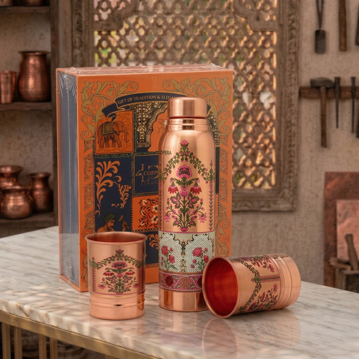Ayursip Noor-e-Gul Copper Bottle Set with Glasses | Floral Copper Set | La Coppera
