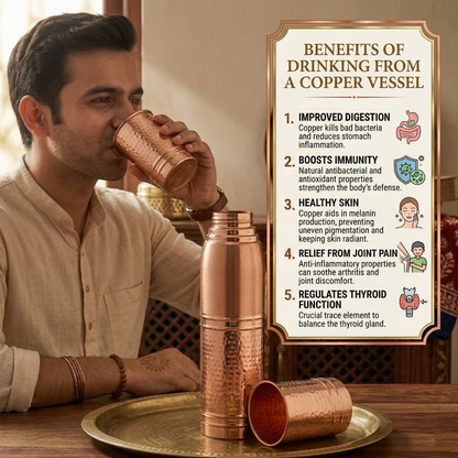 Ayursip Hammer Copper Bottle Set with 2 Glasses