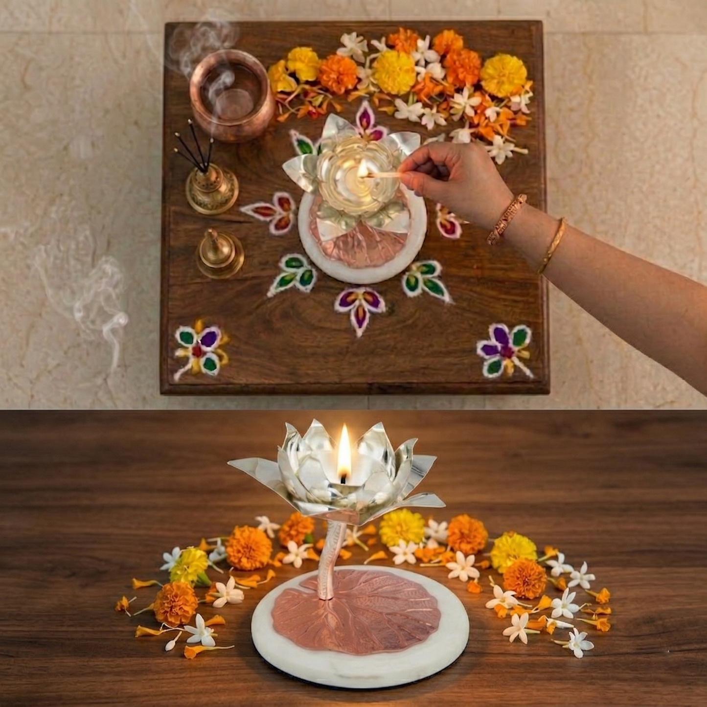 Lotus Diya – Brass Silver Plated Decorative Puja Diya