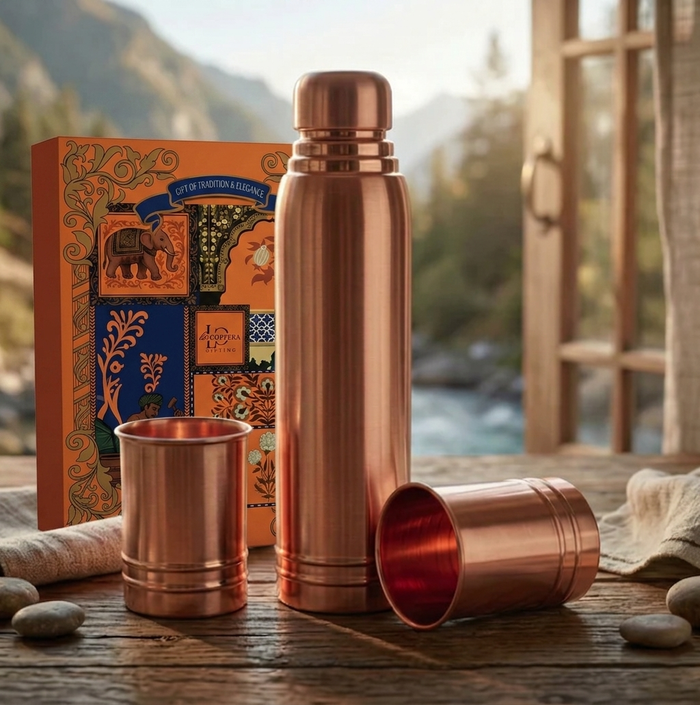 Ayursip Copper Bottle & Glass Set | 99% Pure Ayurvedic Drinkware