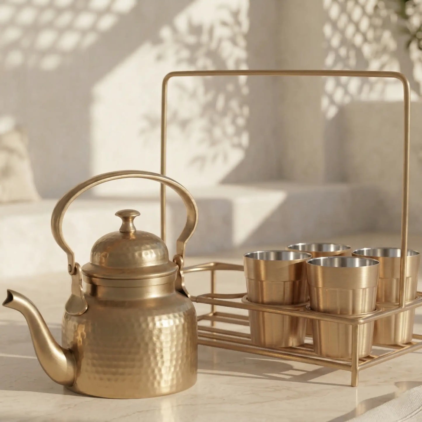 Brass Tapri Tea Set (Set of 5 with Stand) | Cutting Chai Kettle & Glass Set