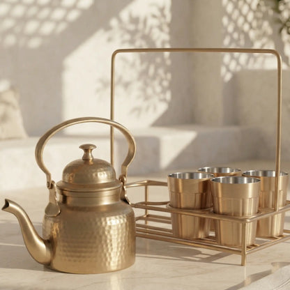 Brass Tapri Tea Set (Set of 5 with Stand) | Cutting Chai Kettle & Glass Set