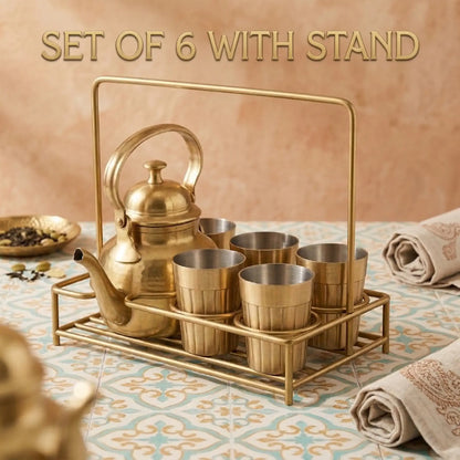 Brass Tapri Tea Set (Set of 5 with Stand) | Cutting Chai Kettle & Glass Set