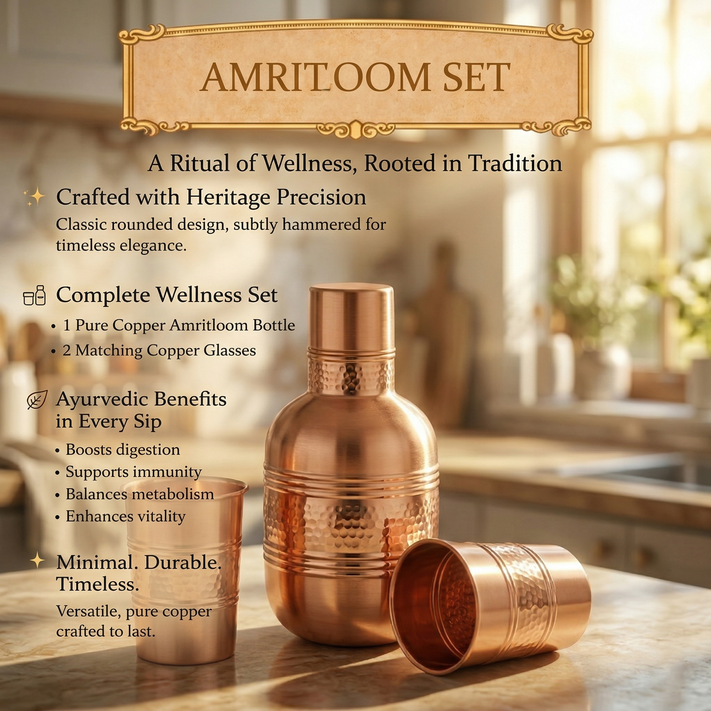 Amritloom Pure Copper Bottle & Glass Set | Premium Ayurvedic Drinkware
