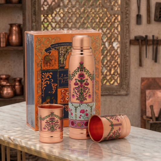 Ayursip Noor-e-Gul Copper Bottle Set with Glasses | Floral Copper Set | La Coppera