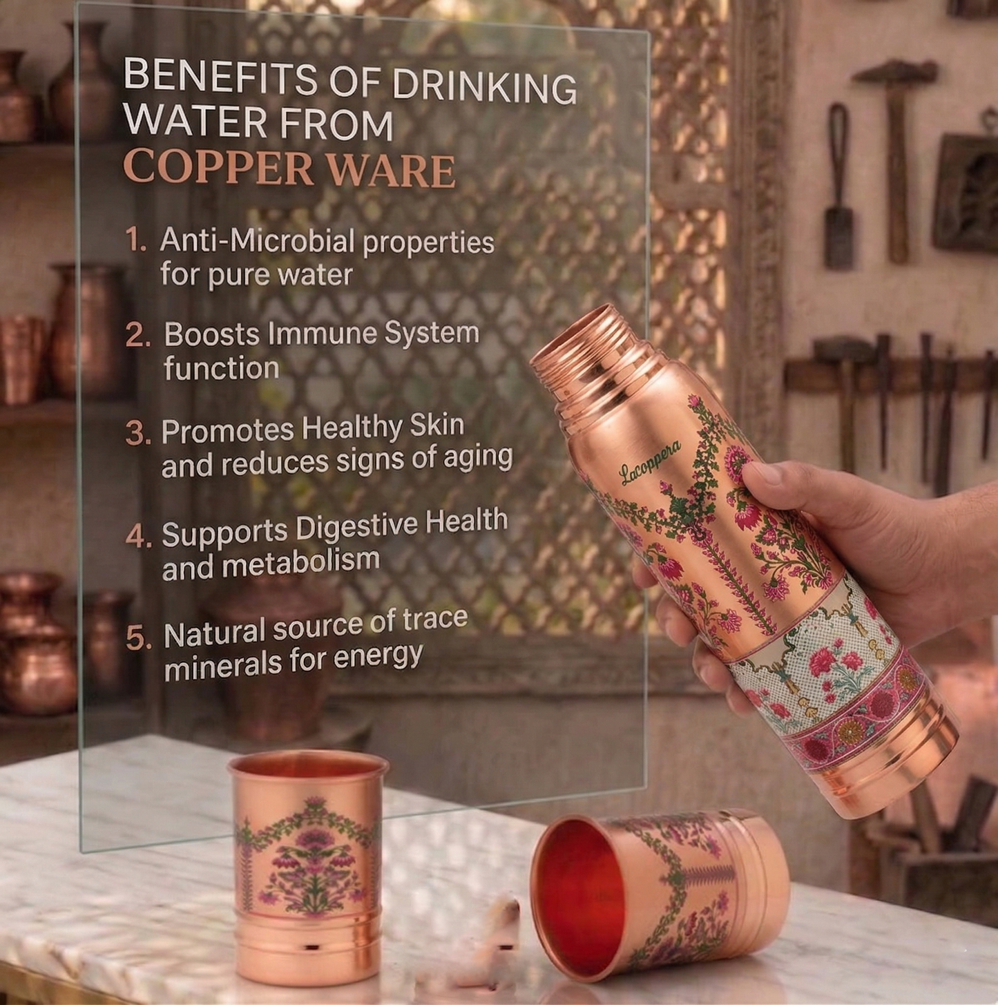 Ayursip Noor-e-Gul Copper Bottle Set with Glasses | Floral Copper Set | La Coppera