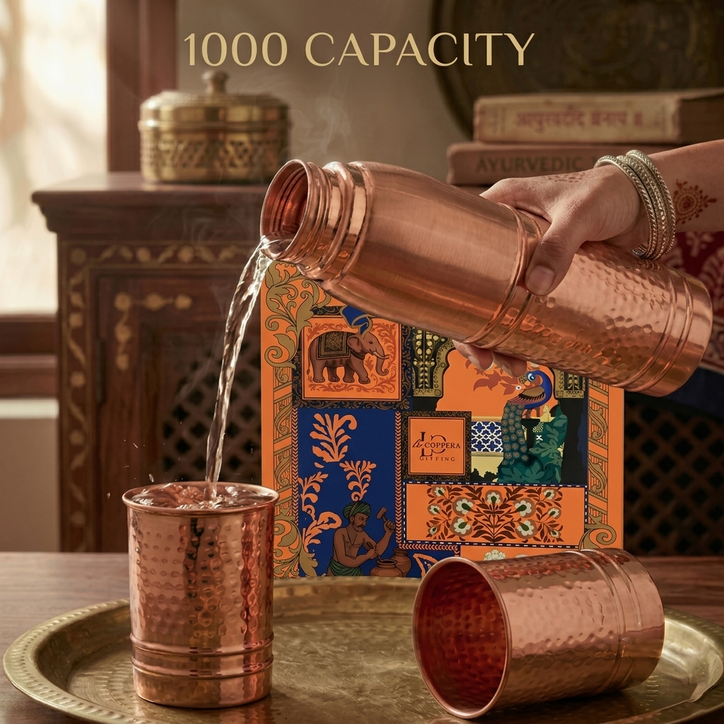 Ayursip Hammer Copper Bottle Set with 2 Glasses