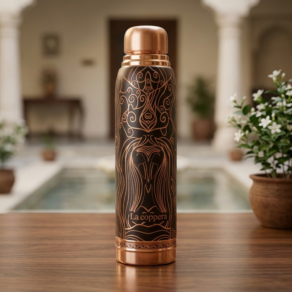 LA COPPERA Copper Water Bottle 1000ml | Premium UV Printed Elephant Heritage, Artistic Lady | Daily Drinking Bottle