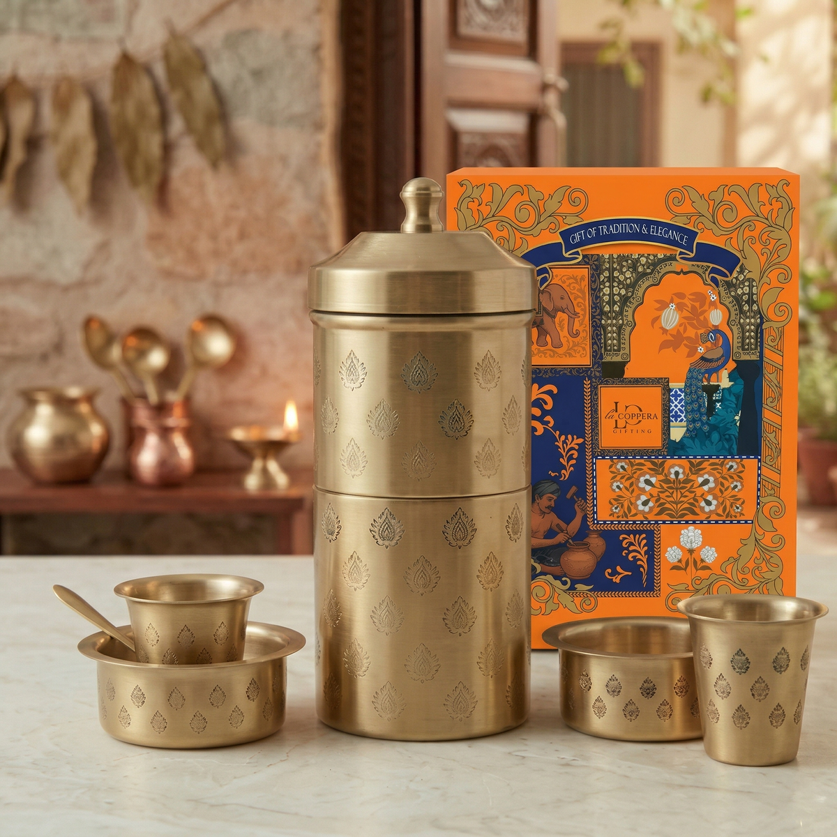 Brass Coffee Brew Box (Set of 5) – Traditional South Indian Filter Coffee Set