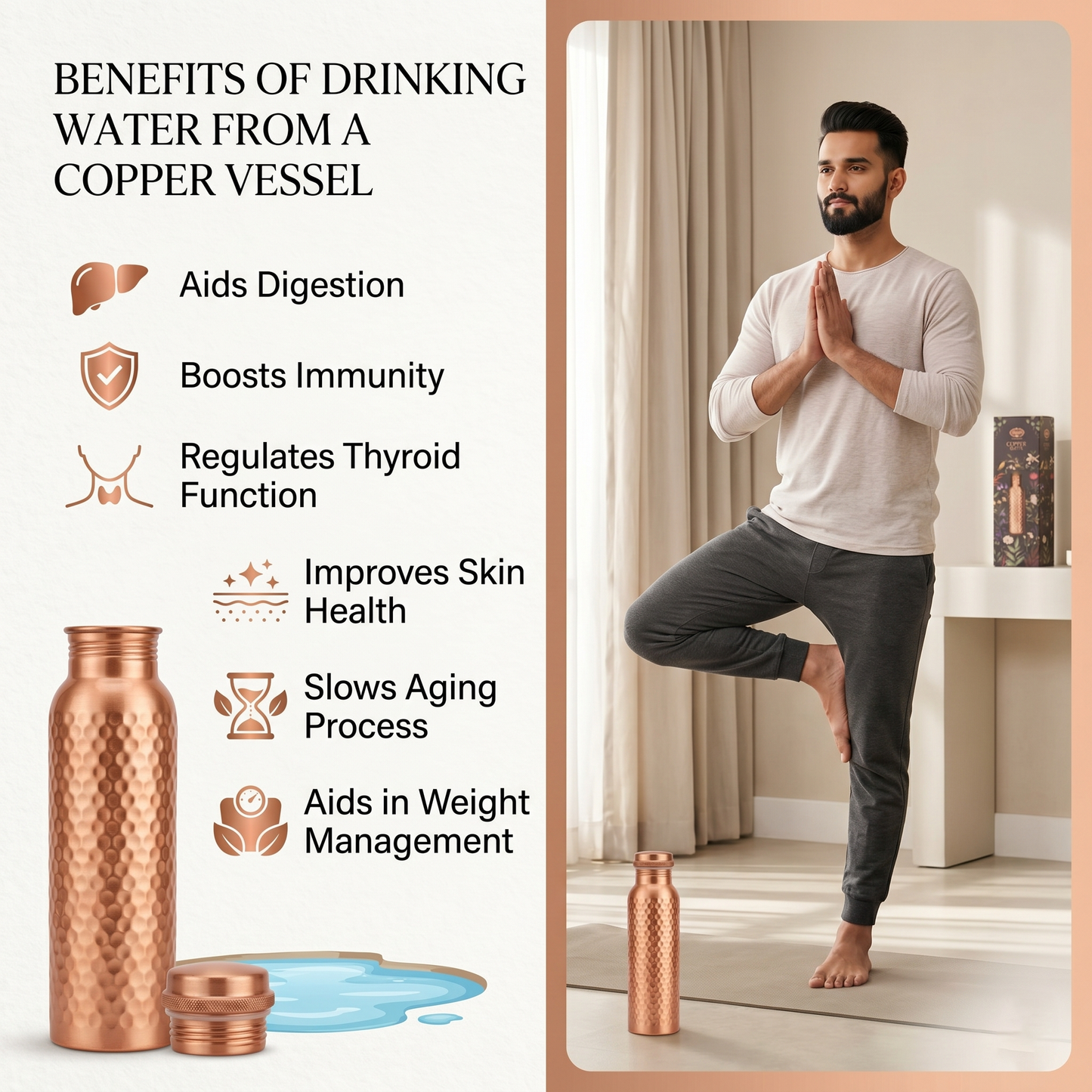 Mist Hammer Matte Copper Water Bottle – Handcrafted Hammered Design | Ayurvedic Copper Bottle | Leak-Proof | LA COPPERA