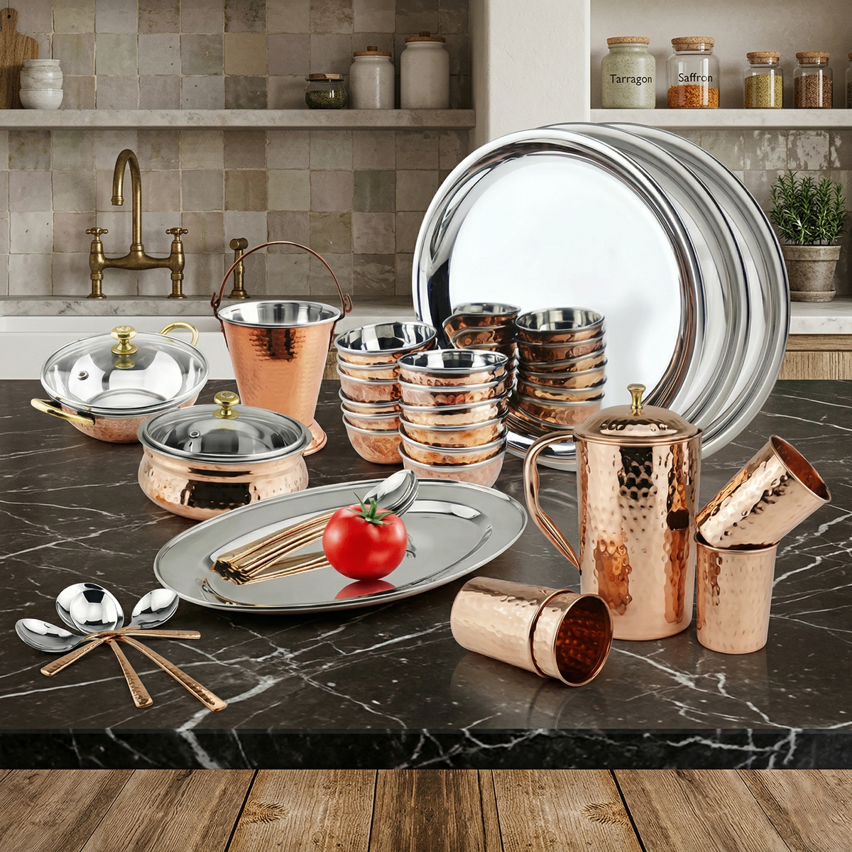 Royal Dinner Set 41 Piece | Copper Stainless Steel Thali Set | La Coppera