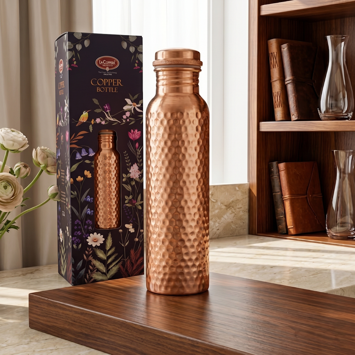 Mist Hammer Matte Copper Water Bottle – Handcrafted Hammered Design | Ayurvedic Copper Bottle | Leak-Proof | LA COPPERA