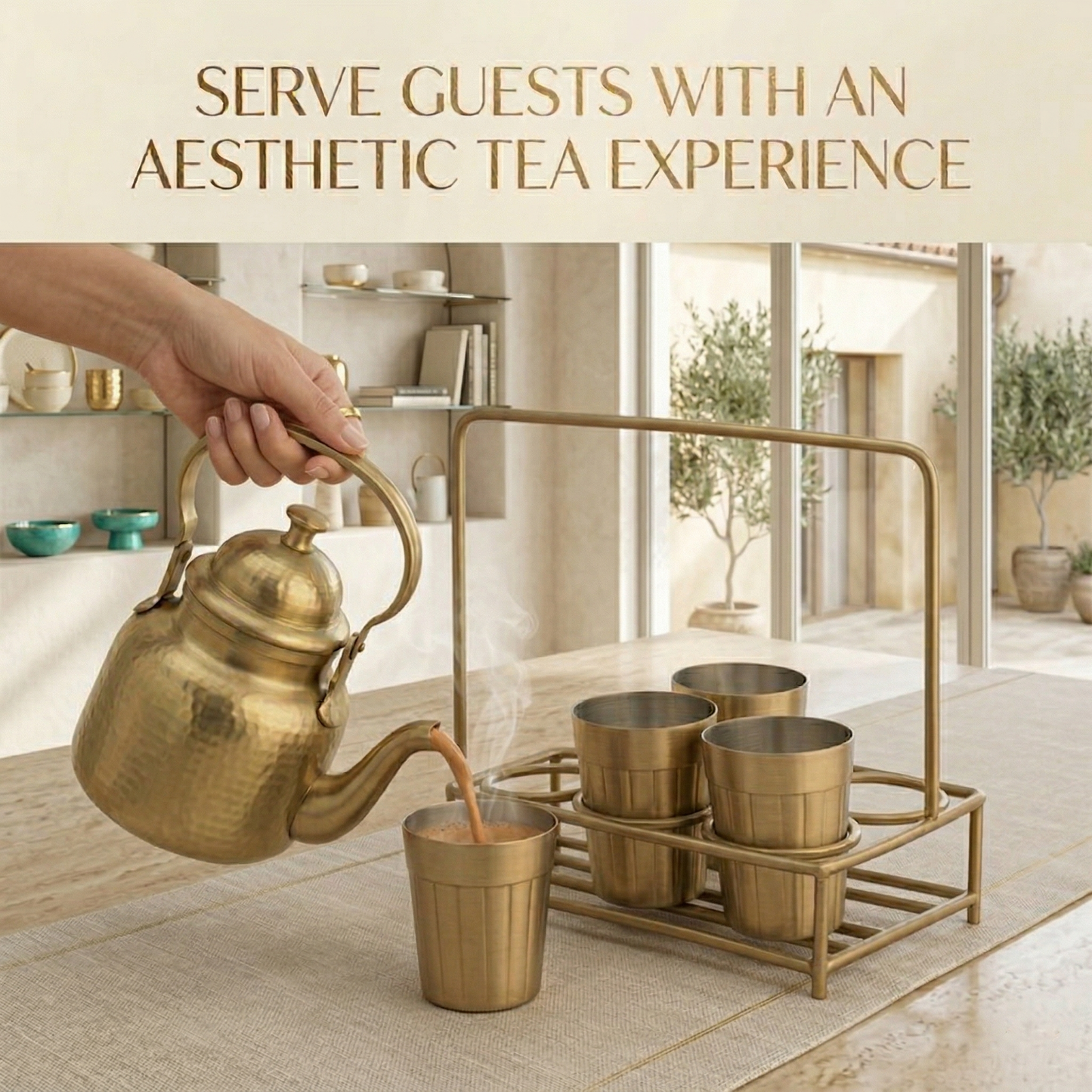 Brass Tapri Tea Set (Set of 5 with Stand) | Cutting Chai Kettle & Glass Set