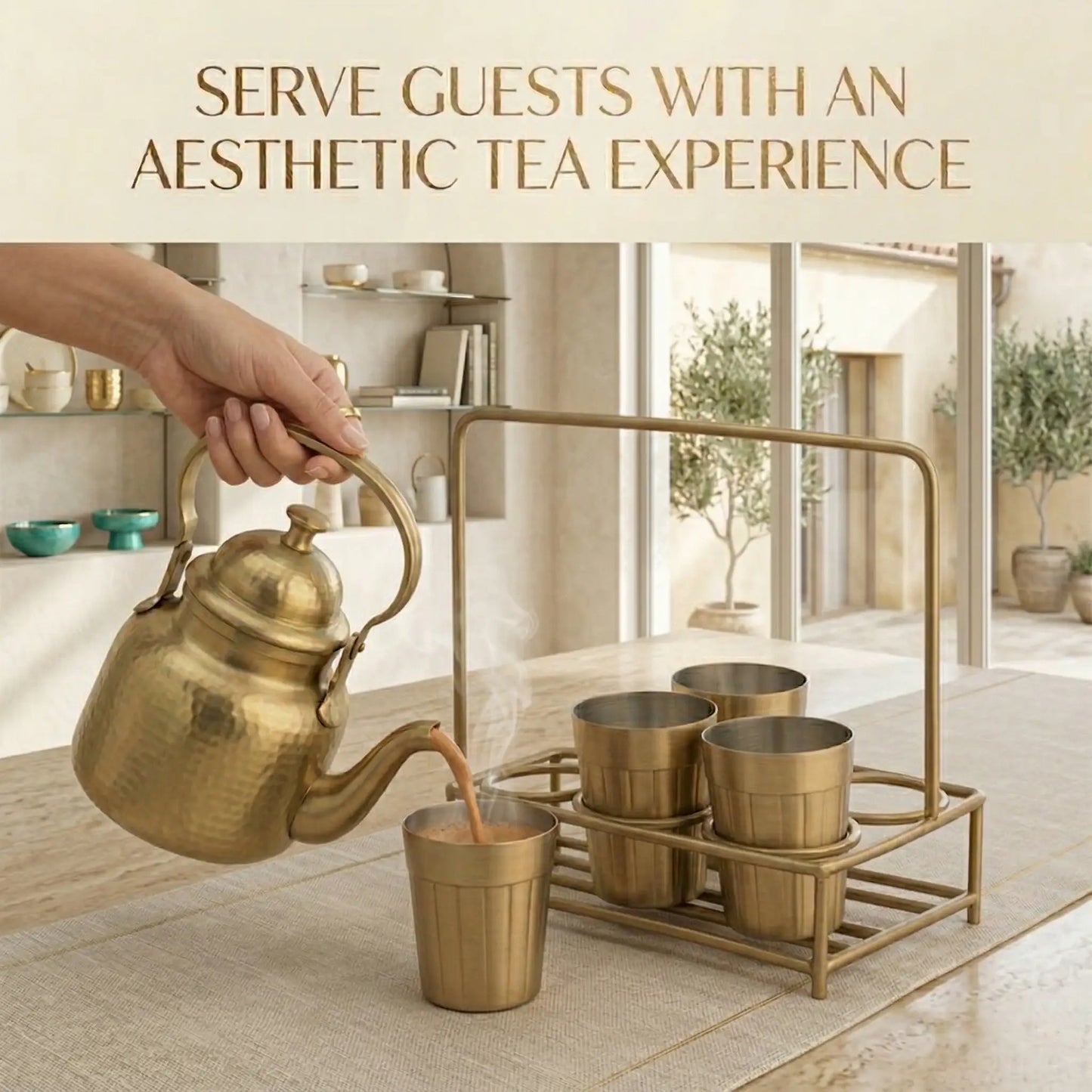 Brass Tapri Tea Set (Set of 5 with Stand) | Cutting Chai Kettle & Glass Set
