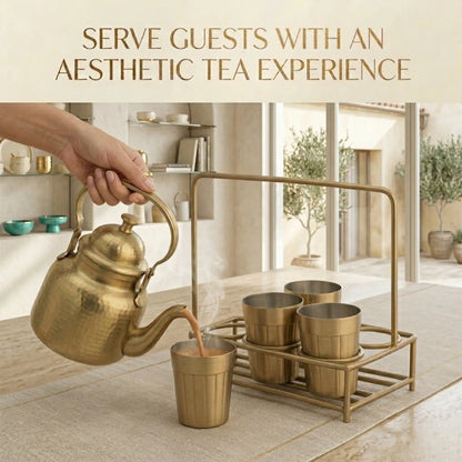 Brass Tapri Tea Set (Set of 5 with Stand) | Cutting Chai Kettle & Glass Set