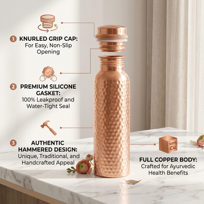 Mist Hammer Matte Copper Water Bottle – Handcrafted Hammered Design | Ayurvedic Copper Bottle | Leak-Proof | LA COPPERA