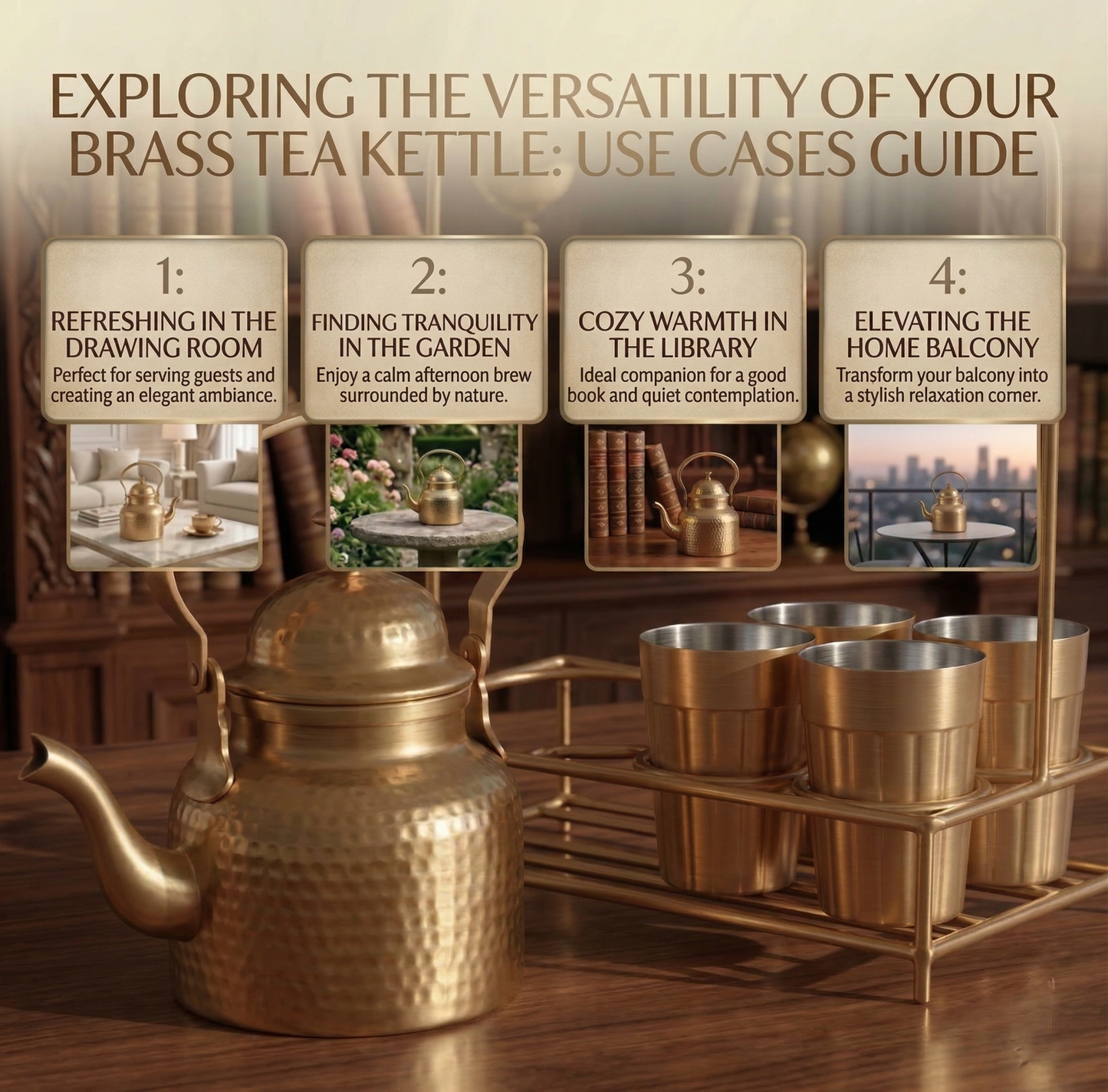 Brass Tapri Tea Set (Set of 5 with Stand) | Cutting Chai Kettle & Glass Set