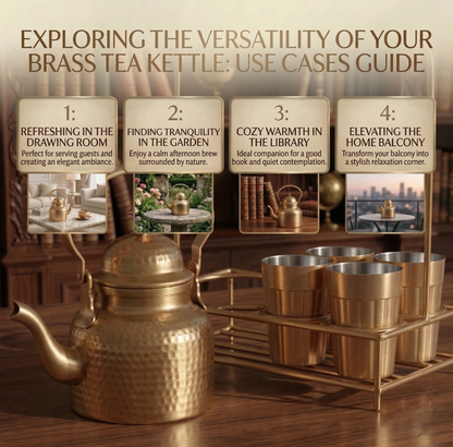 Brass Tapri Tea Set (Set of 5 with Stand) | Cutting Chai Kettle & Glass Set