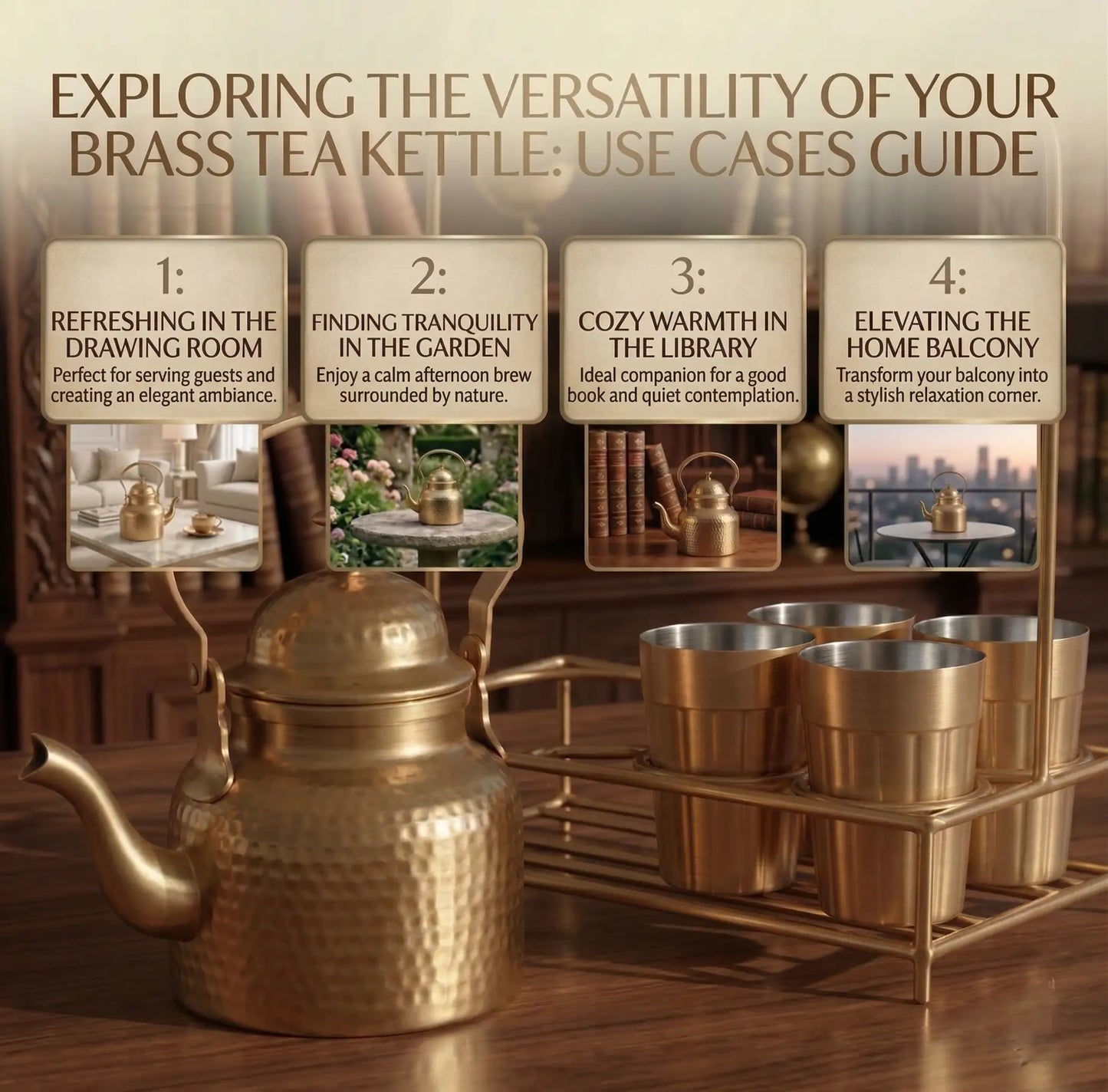 Brass Tapri Tea Set (Set of 5 with Stand) | Cutting Chai Kettle & Glass Set