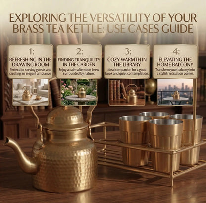 Brass Tapri Tea Set (Set of 5 with Stand) | Cutting Chai Kettle & Glass Set