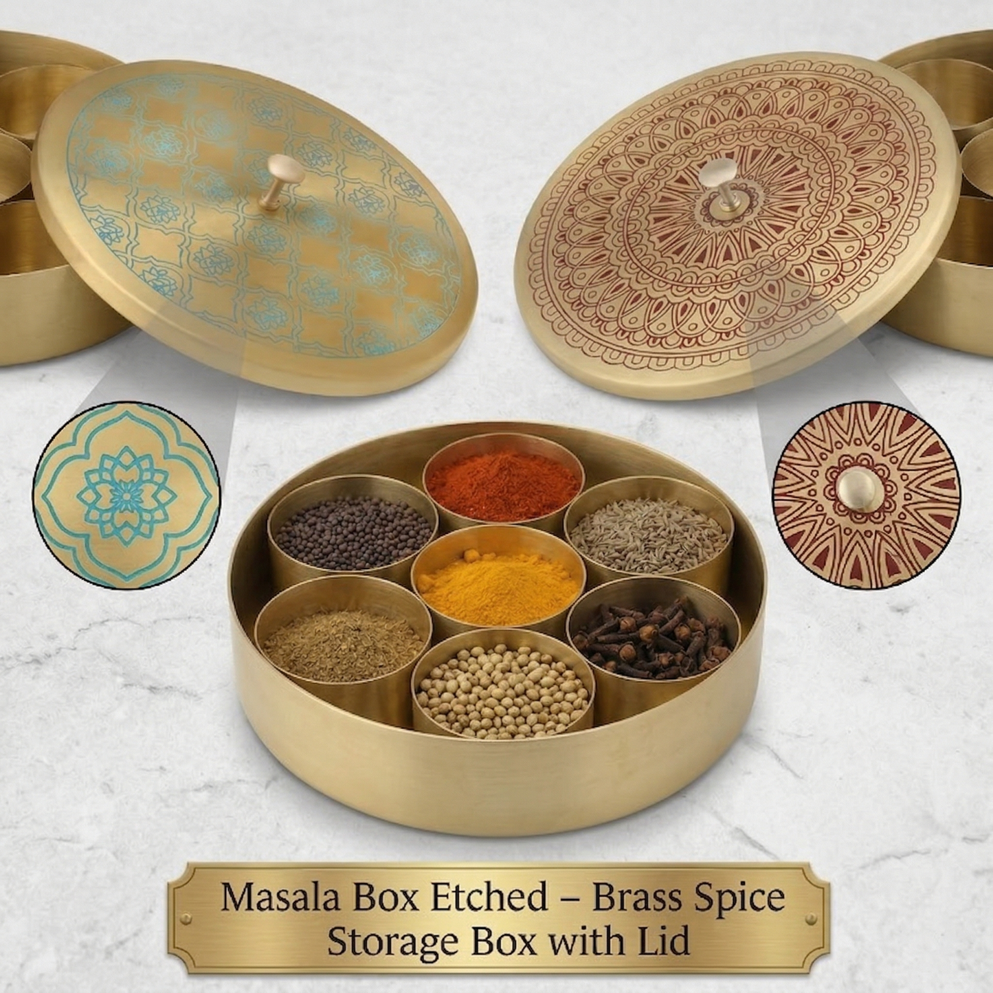 Masala Box Etched – Brass Spice Storage Box with Lid