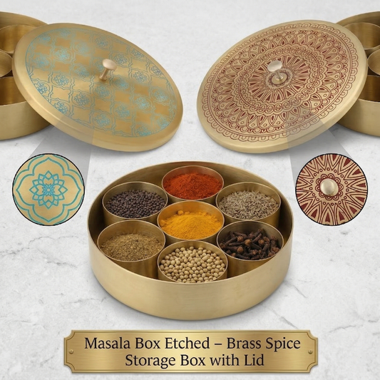 Masala Box Etched – Brass Spice Storage Box with Lid