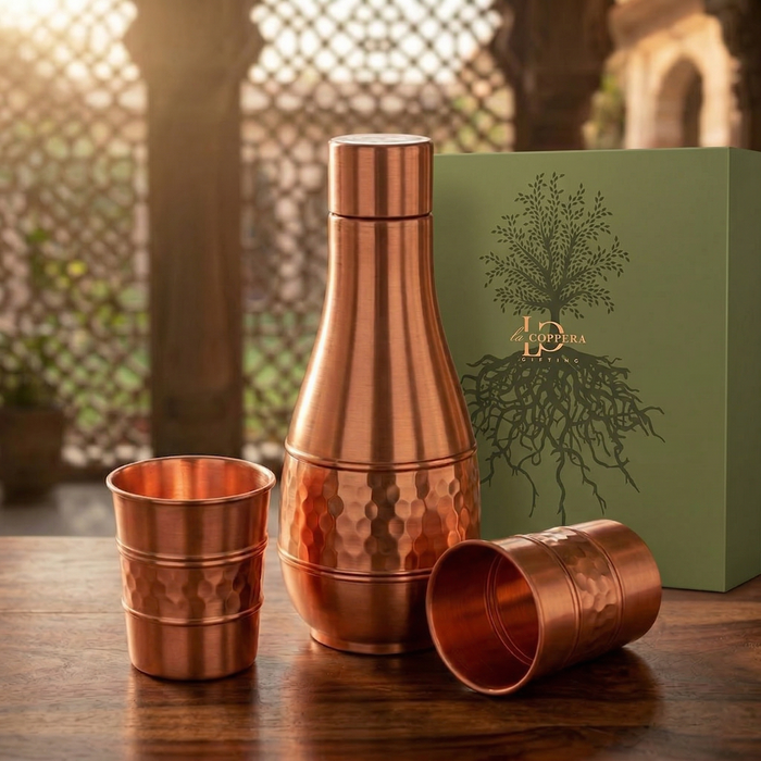 Jalbindu Copper Bottle Set with 2 Glasses | Hand-Hammered Ayurvedic Water Set