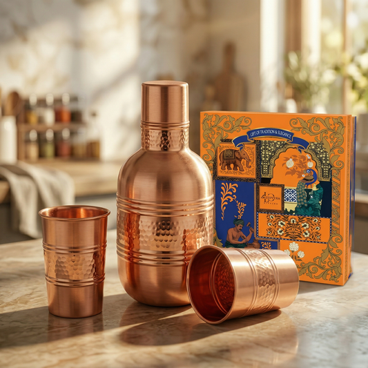 Amritloom Pure Copper Bottle & Glass Set | Premium Ayurvedic Drinkware