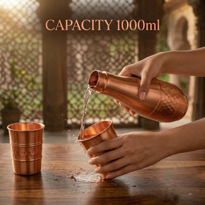 Jalbindu Copper Bottle Set with 2 Glasses | Hand-Hammered Ayurvedic Water Set