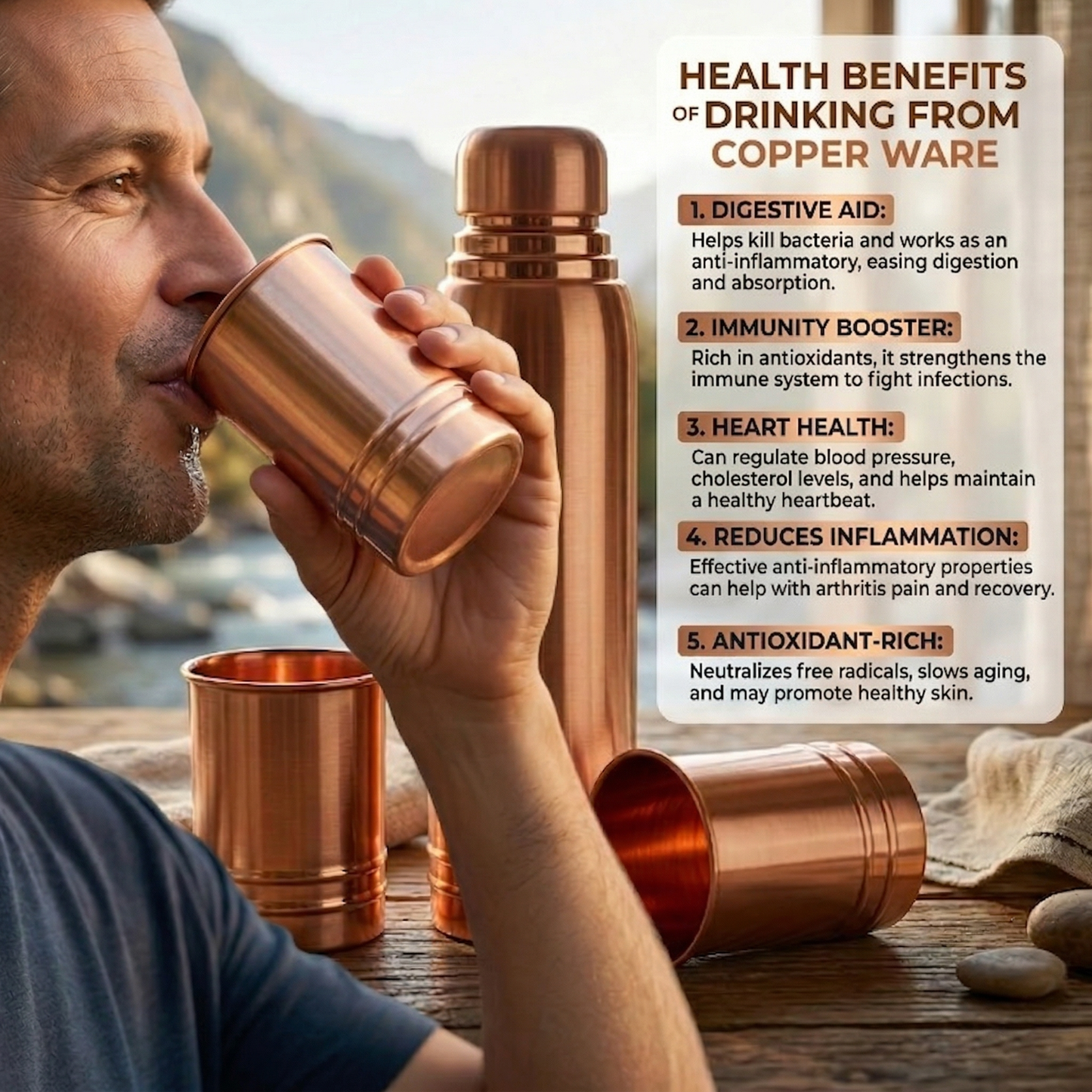 Ayursip Copper Bottle & Glass Set | 99% Pure Ayurvedic Drinkware