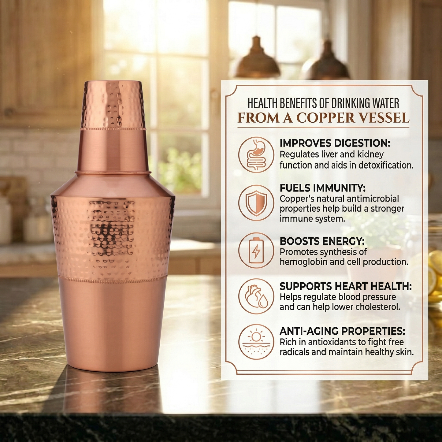 Luna Hammered Copper Carafe Set with Glass | Bedside Water Set