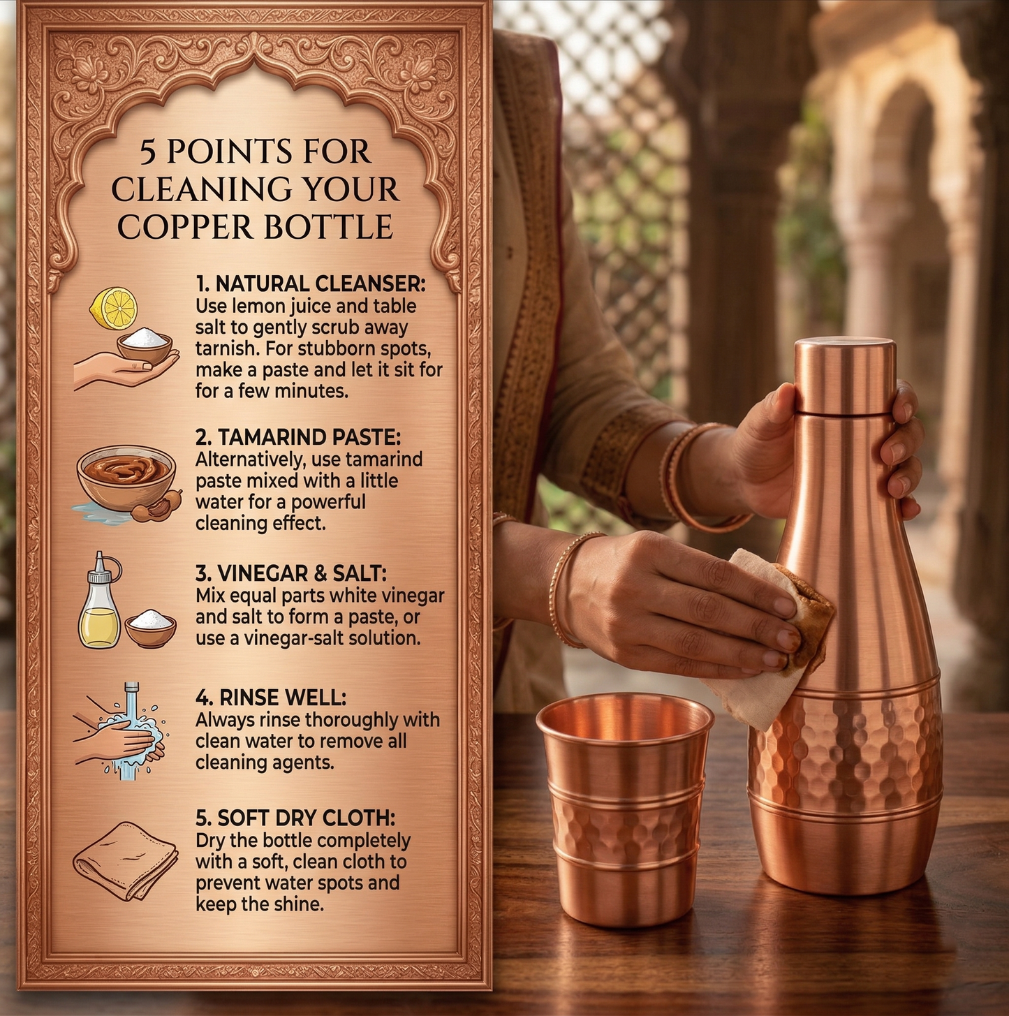 Jalbindu Copper Bottle Set with 2 Glasses | Hand-Hammered Ayurvedic Water Set