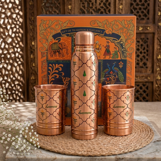 Ayursip Jaali Bagh Copper Water Bottle Set 1000ml with 2 Glasses | Premium Gift Set