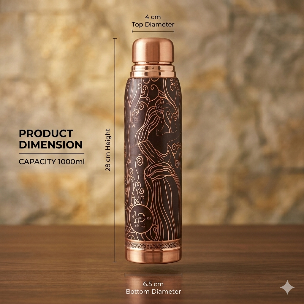 LA COPPERA Copper Water Bottle 1000ml | Premium UV Printed Elephant Heritage, Artistic Lady | Daily Drinking Bottle
