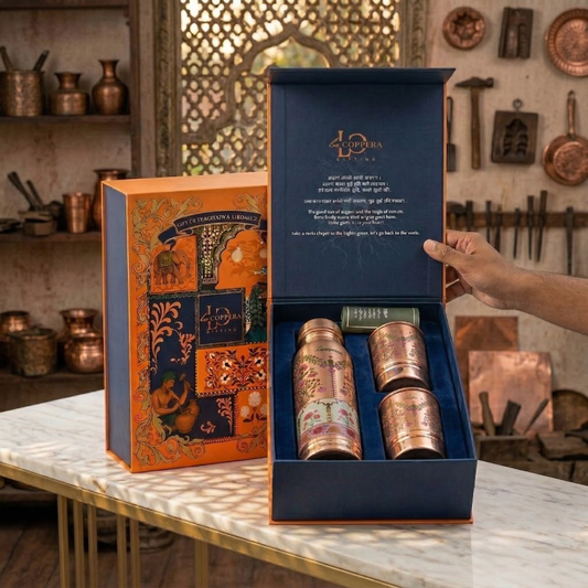 Ayursip Noor-e-Gul Copper Bottle Set with Glasses | Floral Copper Set | La Coppera