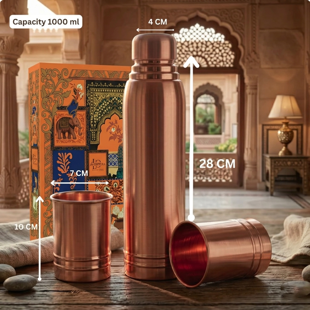 Ayursip Copper Bottle & Glass Set | 99% Pure Ayurvedic Drinkware