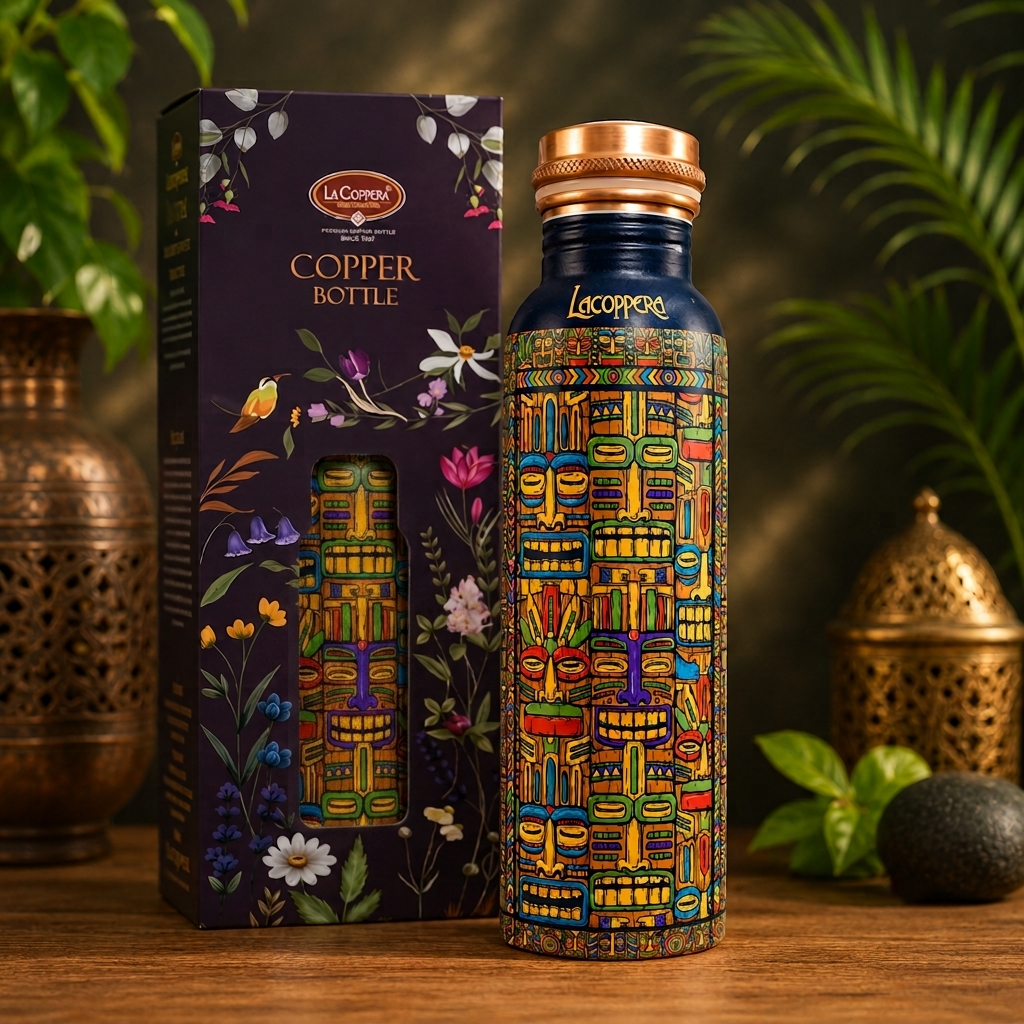 Mystic Flow Pure Copper Water Bottle 900ml | UV Printed Designer Copper Bottle for Home, Office & Gym