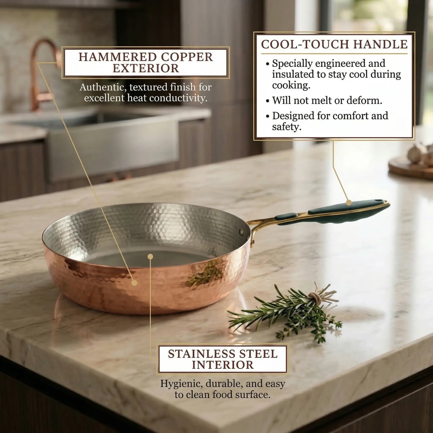 Hammered Copper Fry Pan (Tin Coated) – Traditional Tinned Copper Cooking Pan for Gas Stove