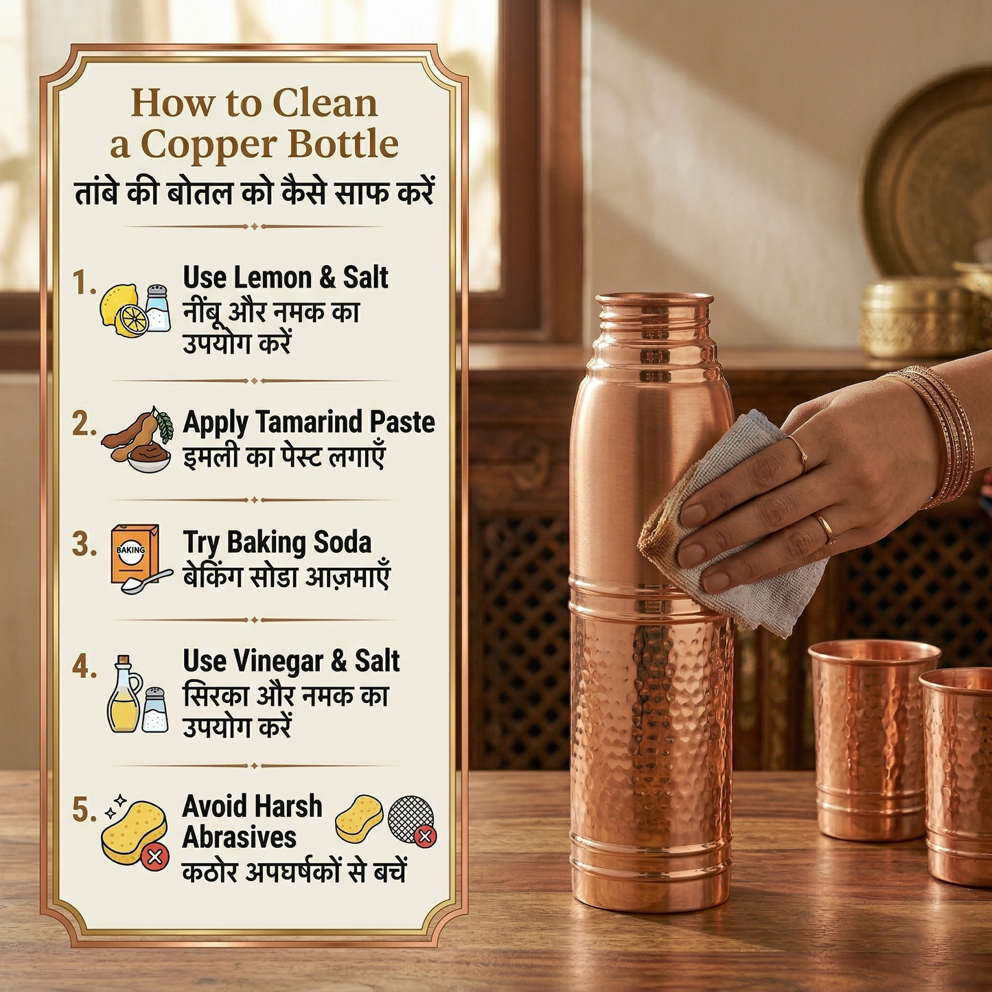 Ayursip Hammer Copper Bottle Set with 2 Glasses