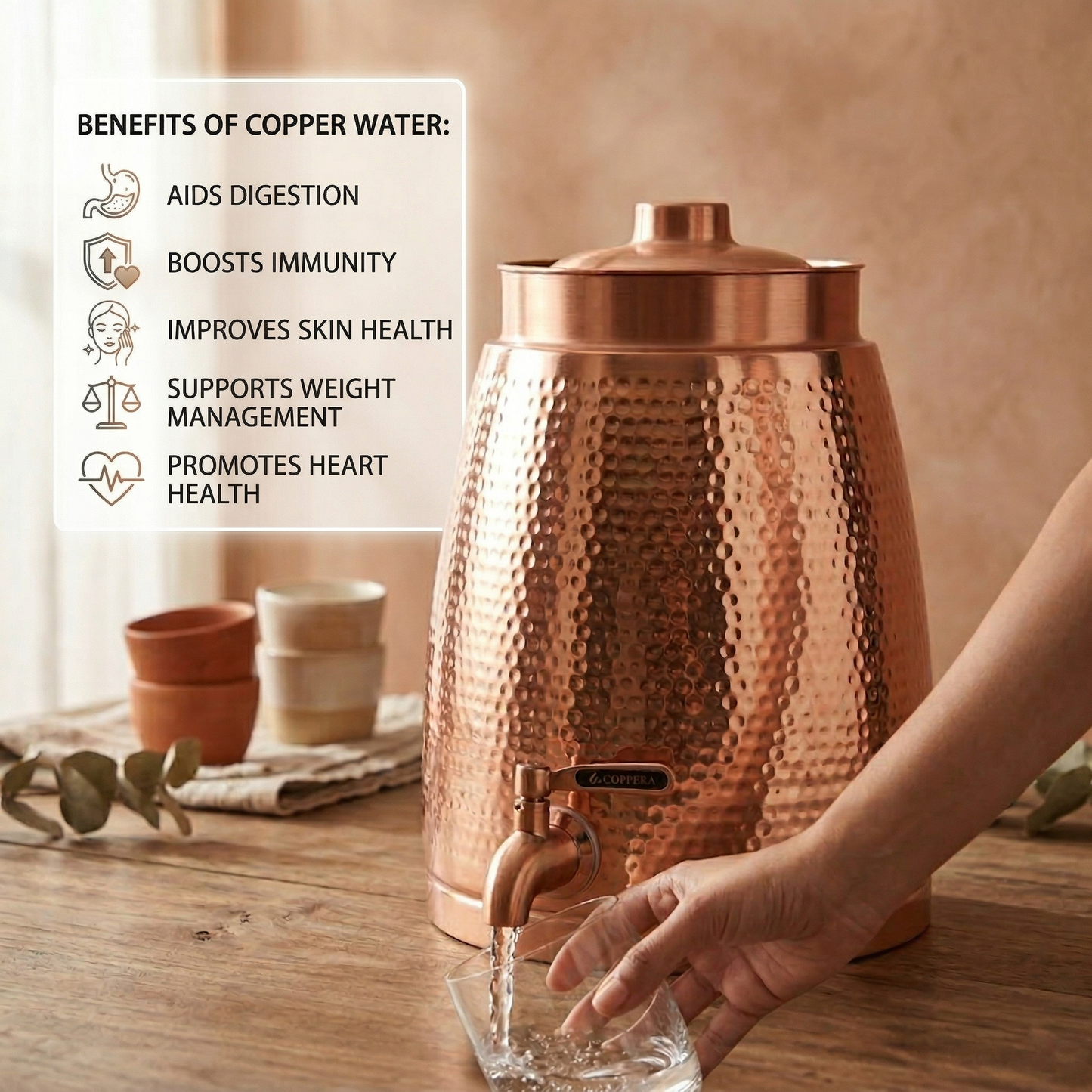 Barni Hammer Copper Water Dispenser with Tap