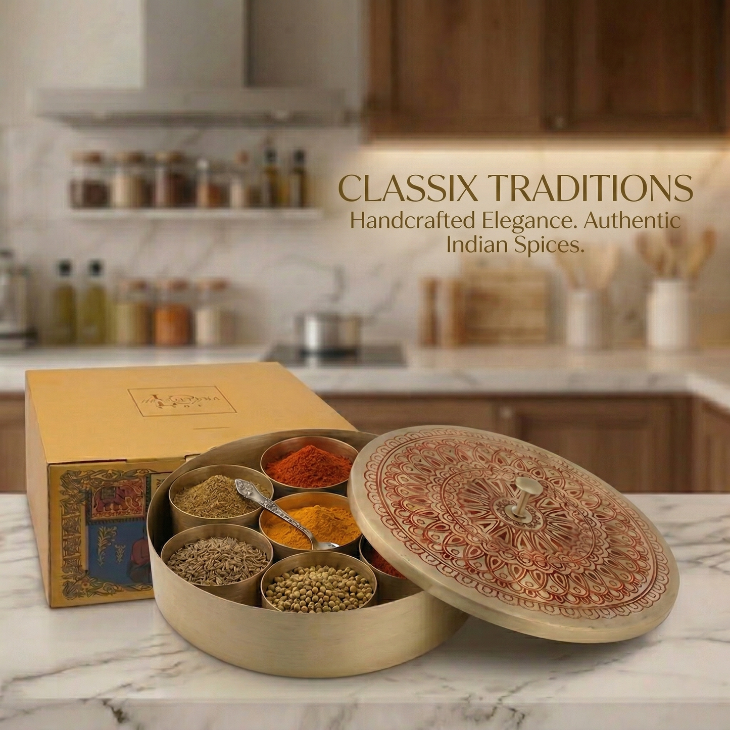 Masala Box Etched – Brass Spice Storage Box with Lid