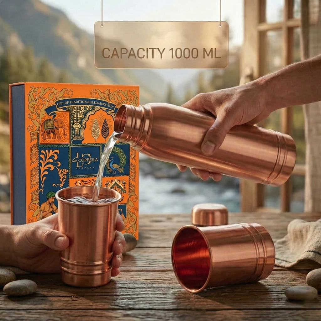 Ayursip Copper Bottle & Glass Set | 99% Pure Ayurvedic Drinkware
