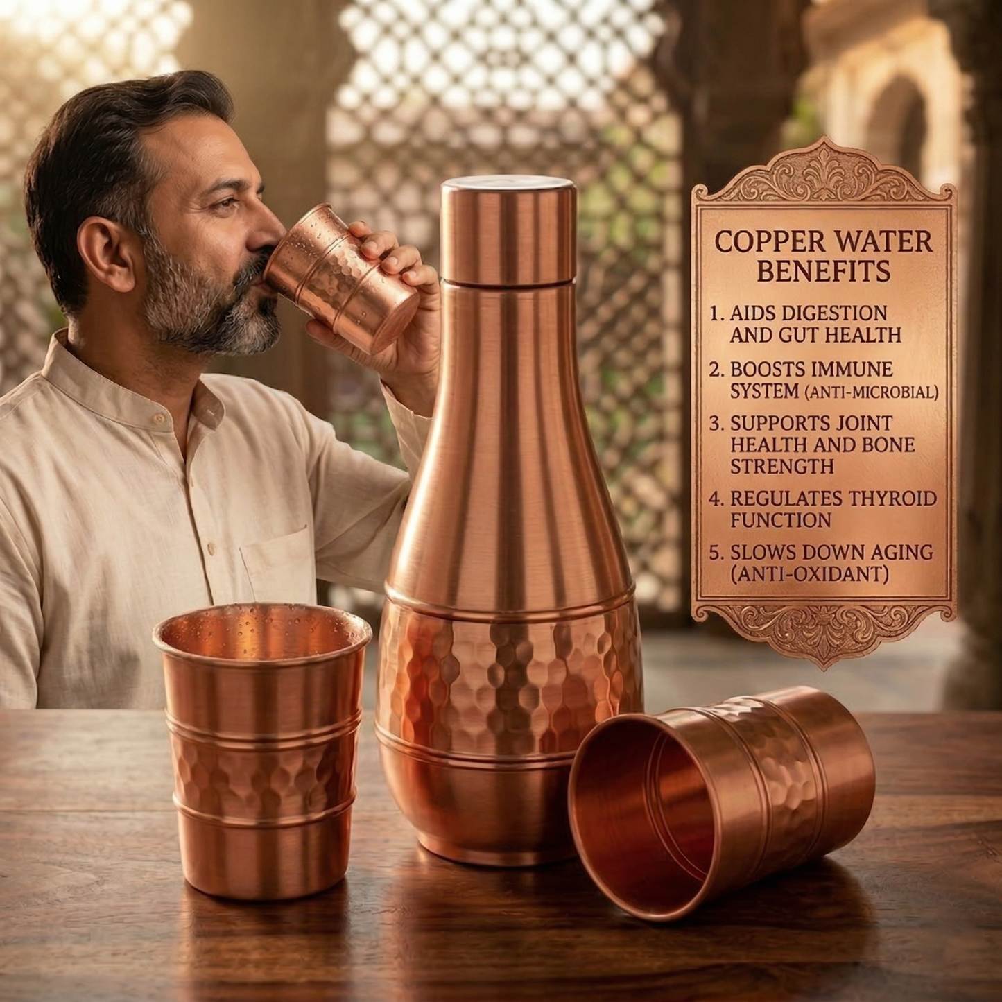 Jalbindu Copper Bottle Set with 2 Glasses | Hand-Hammered Ayurvedic Water Set