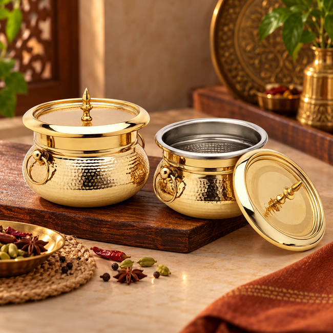 Brass Mughlai Handi with Steel Inner – Hand Hammered Cooking Pot