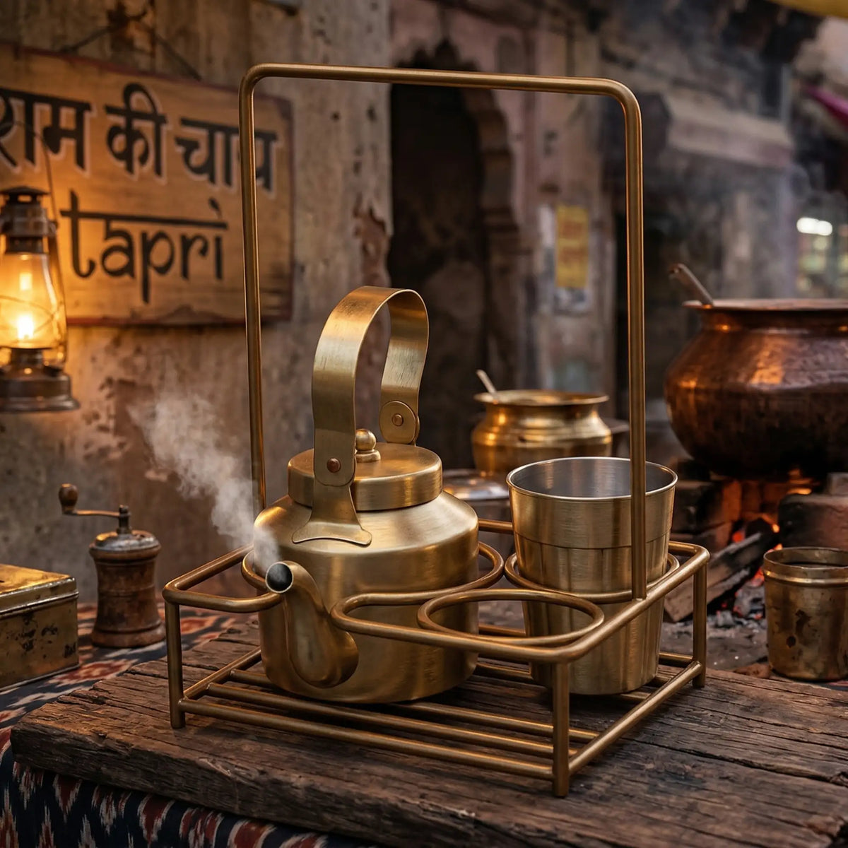 Brass Tapri Tea Set (Set of 3 with Stand) | Cutting Chai Kettle & Glass Set
